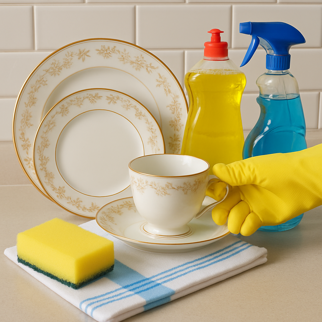 A set of fine china on a kitchen counter with cleaning supplies